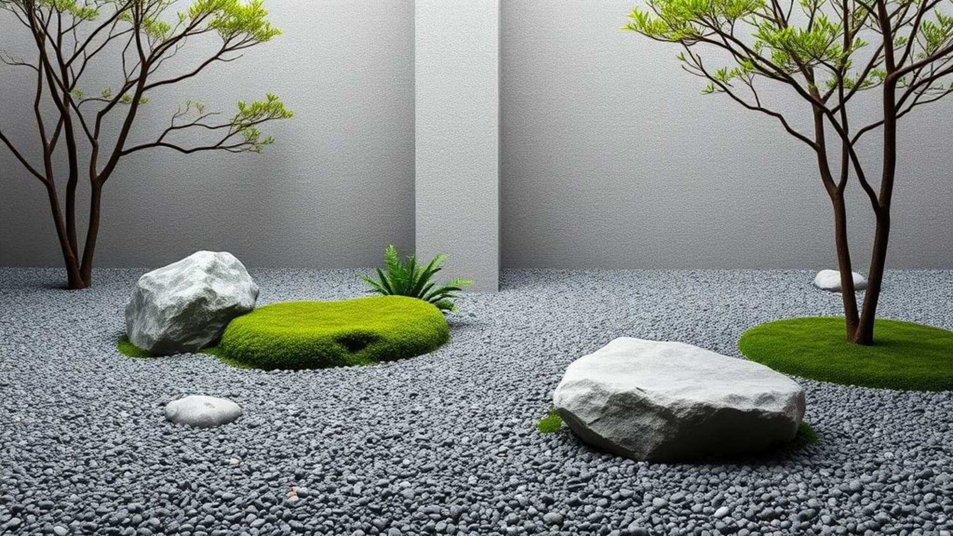 Lignes de gravier de jardin zen ratissées rochers mousse tranquille minimaliste fond ecran d'inspiration asiatique