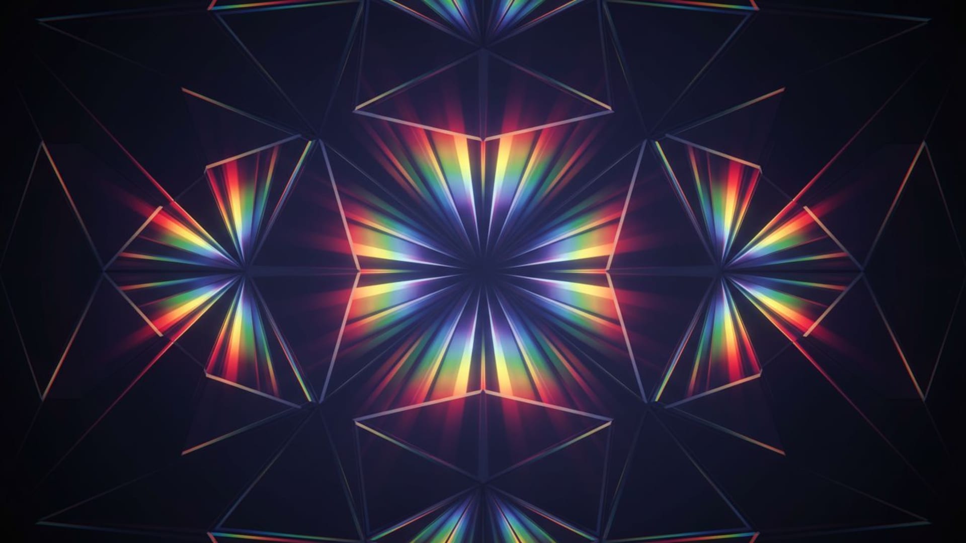 Réfractions d’un prisme en verre, symétrie, lignes épurées, esthétique futuriste minimaliste pour fond ecran.