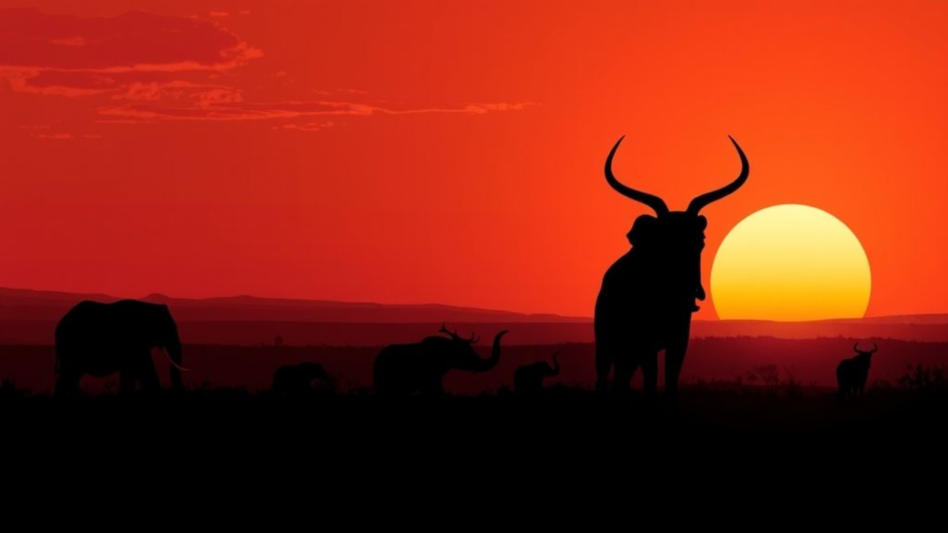 silhouettes d'animaux sauvages au coucher de soleil savane safari fond ecran scène nature minimaliste