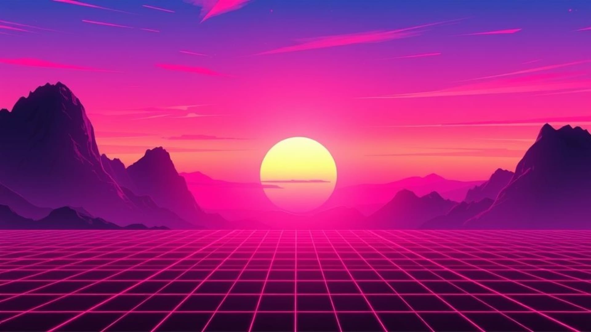 paysage de paysage rétro futuriste vaporwave rose violet bleu grille coucher de soleil fond ecran nostalgique