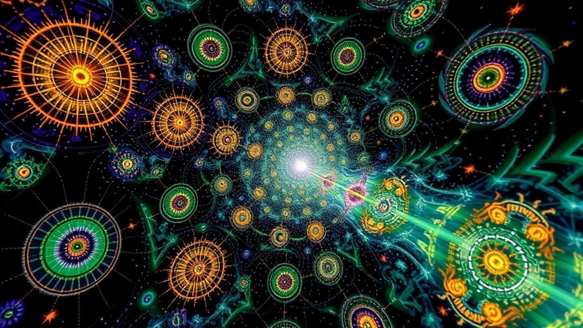 motifs fractals déformant l'espace-temps, inspirés du Mandelbrot, fond ecran psychédélique kaléidoscopique visuel