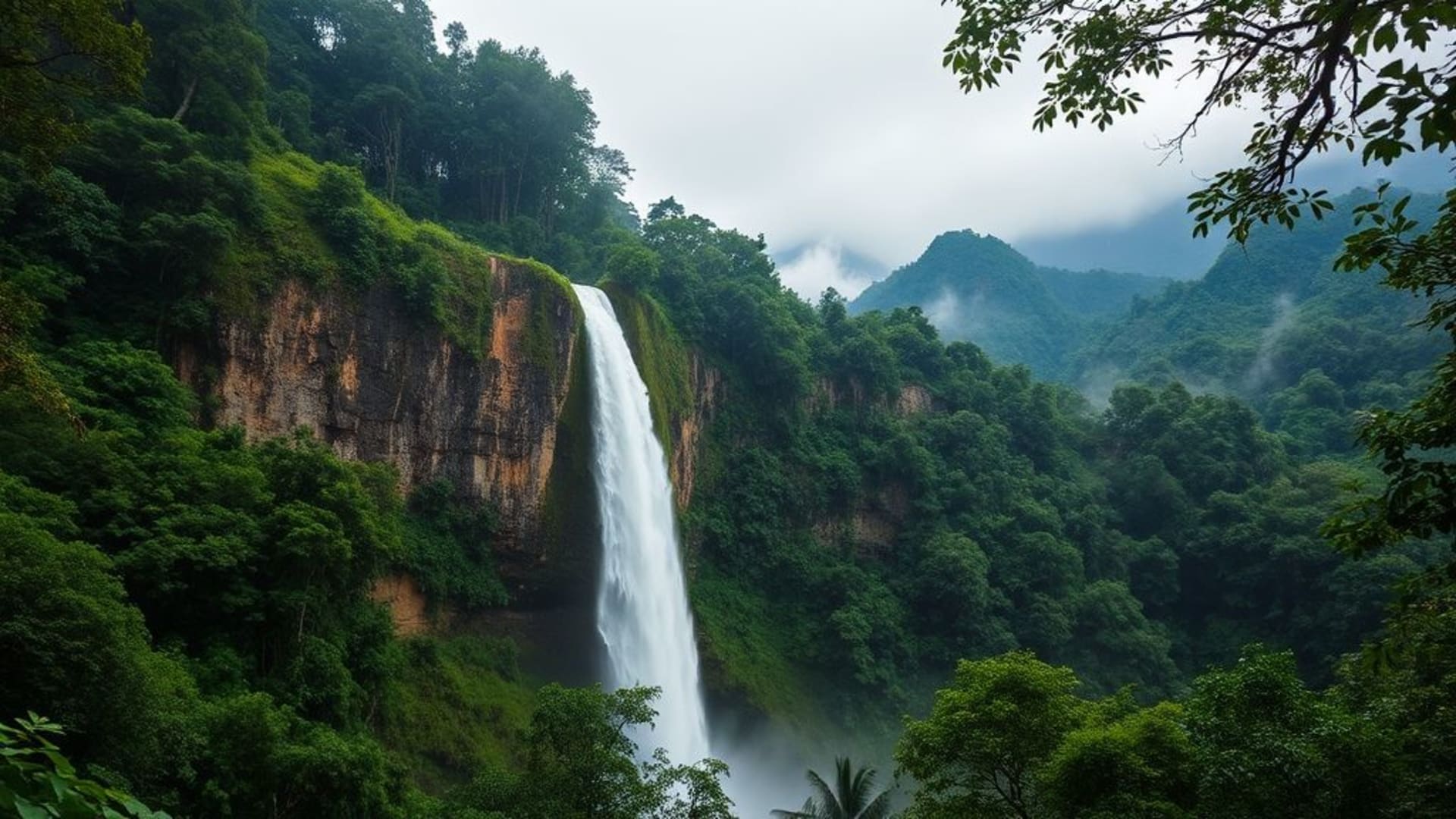brume de forêt tropicale cascade montagnes feuillage vert luxuriant fond ecran forêt tropicale sereine majestueuse