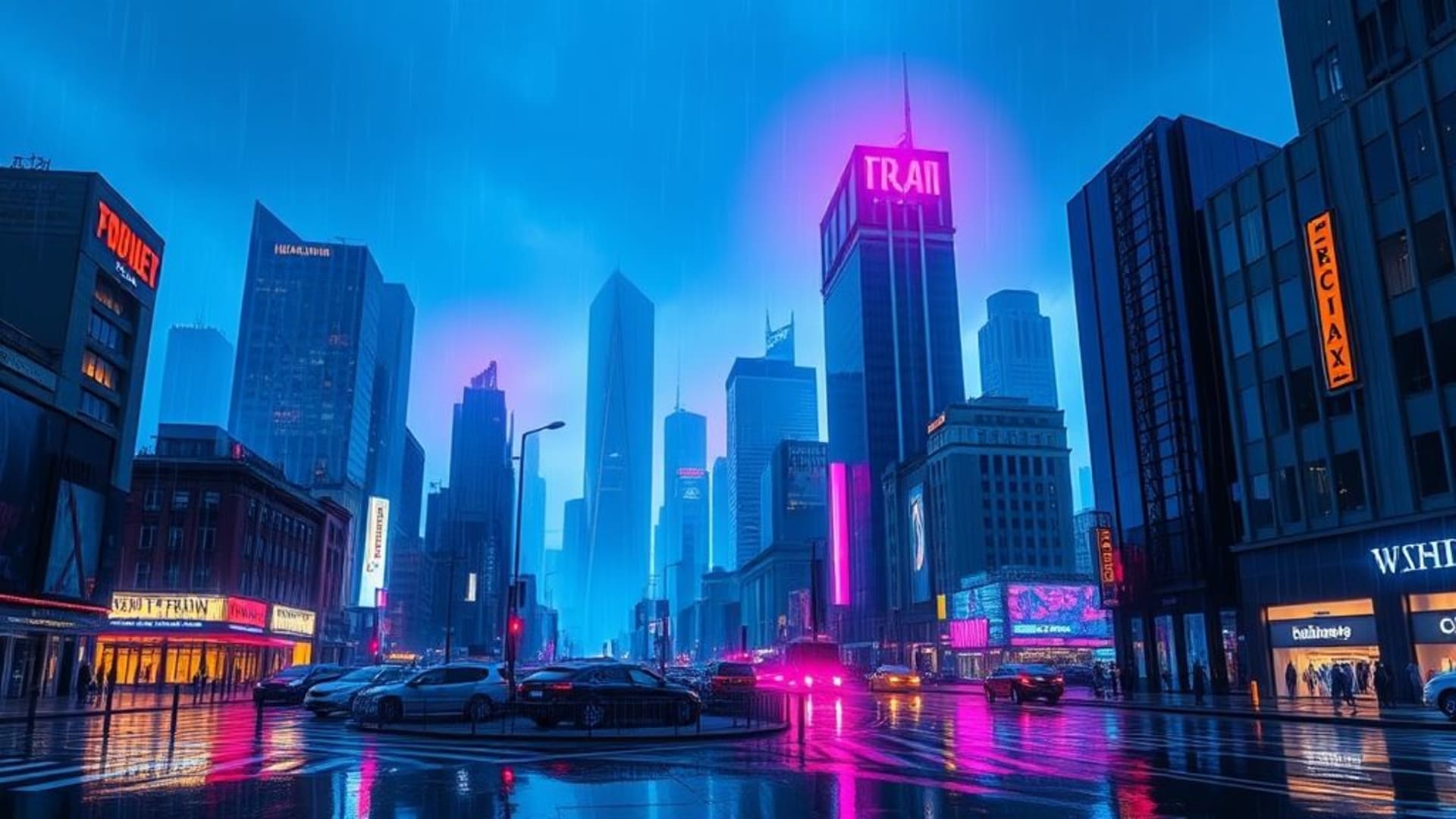 nuit dans une ville néon, horizon cyberpunk, pluie, reflets, bâtiments hauts, signalisation holographique, rues trempées, futuriste, dégradé de bleu, violet, rose