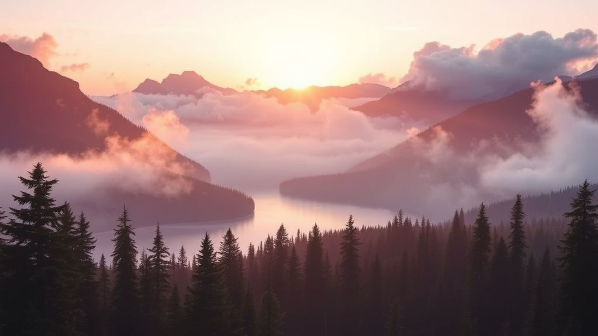 lever de soleil en montagne aquarelle brume lac alpin forêt de pins nuages doux lumière chaude paisible inspiration fond ecran recherche