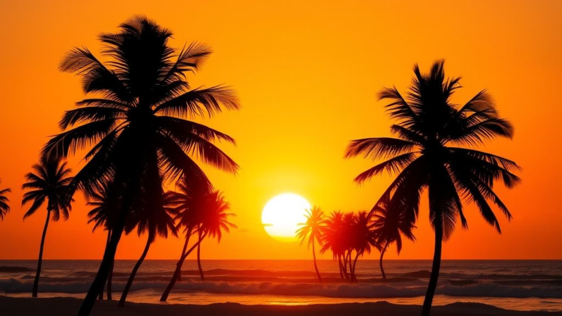 coucher de soleil tropical à la plage silhouettes de palmiers ciel orange chaud vagues douces fond d'écran zen calme vacances