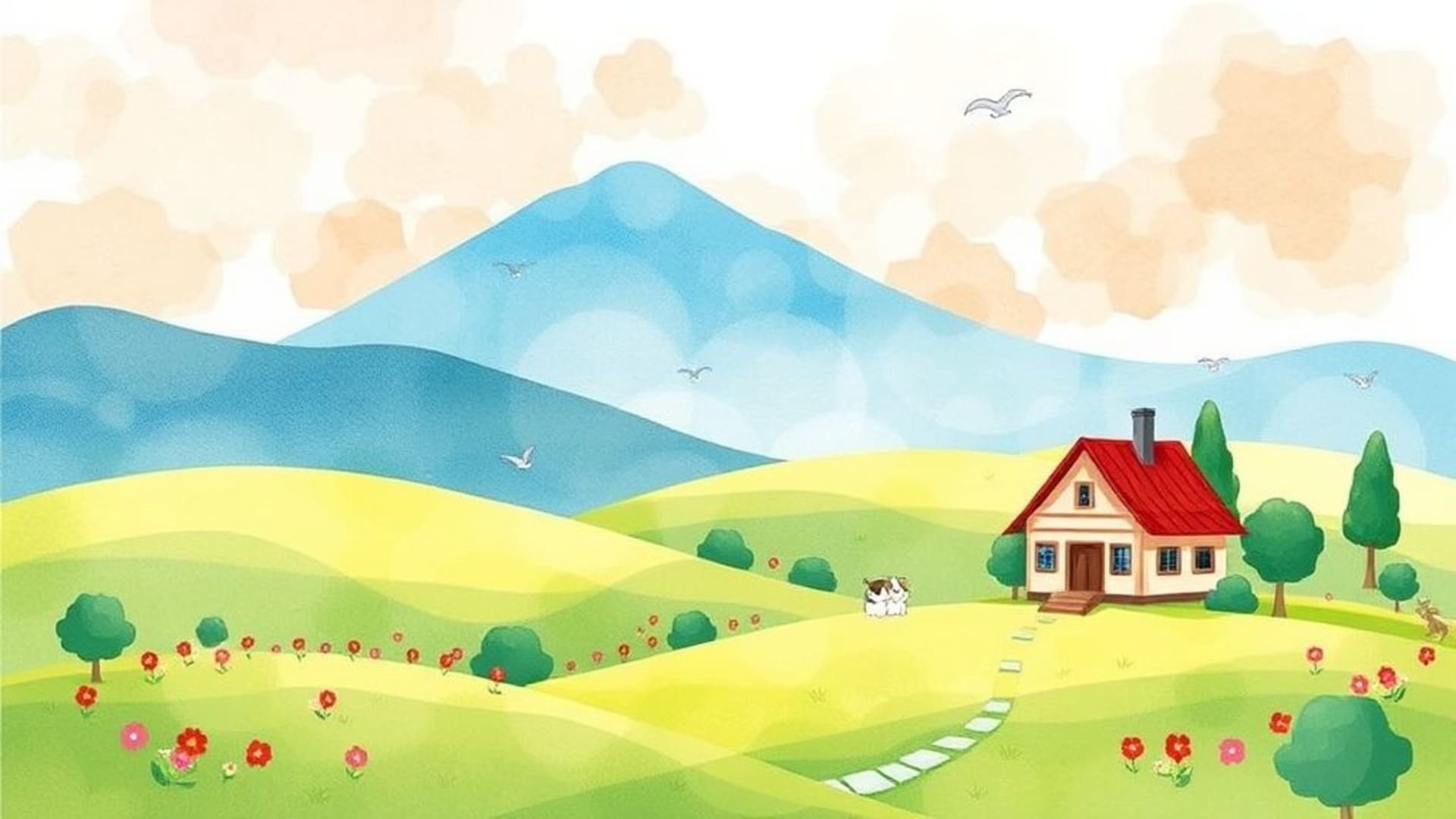 style d'animation chibi mignon paysage aquarelle fond couleurs vives art kawaii fond ecran