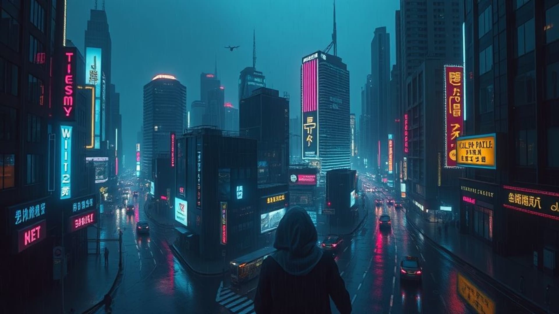 Grille de ville cyberpunk pluie de néons reflets ambiance sombre signalisation futuriste drones silhouettes urbaines bleu foncé