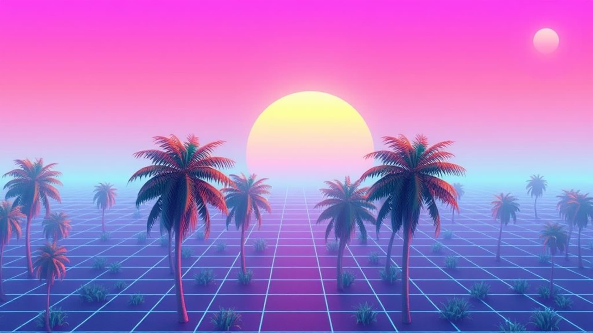crépuscule vaporwave grille palmiers en 3D graphique rétro nostalgique couleurs pastel