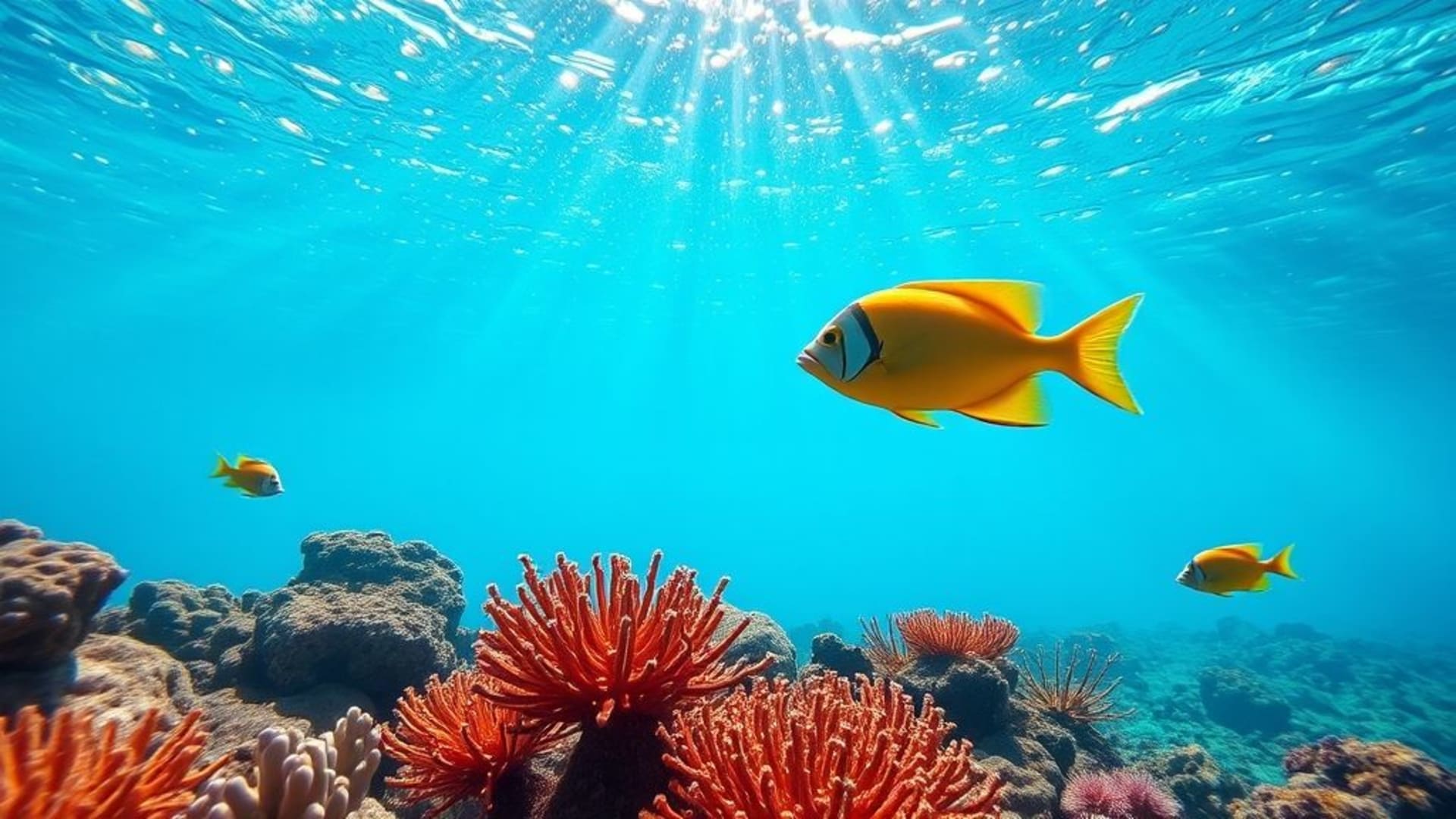 Récif corallien sous-marin poissons tropicaux océan lumière bleue rayons tracé zen fond d'écran minimaliste
