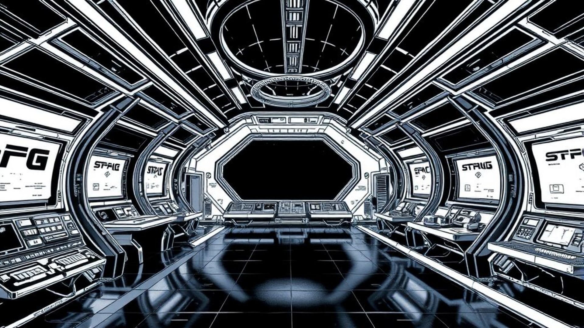 intérieur de station spatiale planche de croquis ligne artistique science-fiction monochrome minimaliste fond ecran
