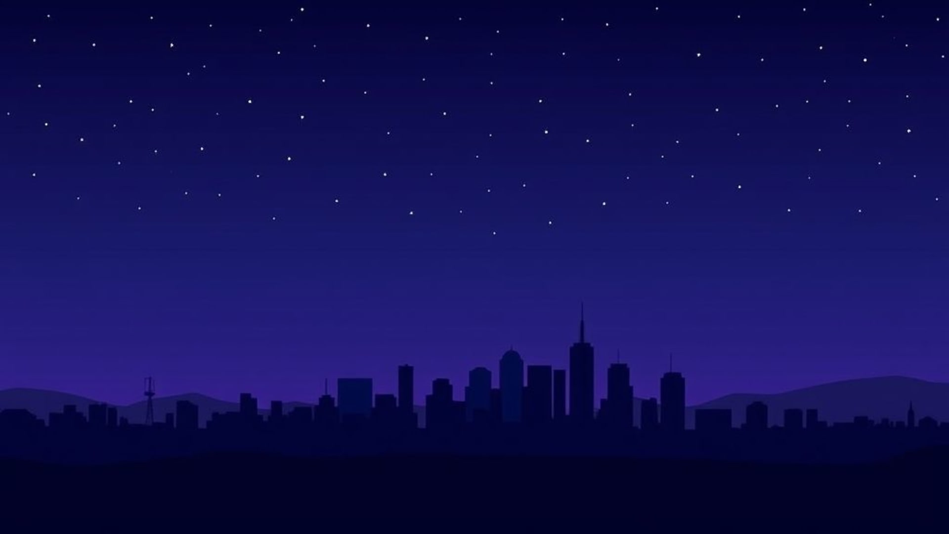 silhouette de la ville de minuit silhouette ligne d'horizon dégradé nuit bleu violet étoiles fond ecran minimaliste
