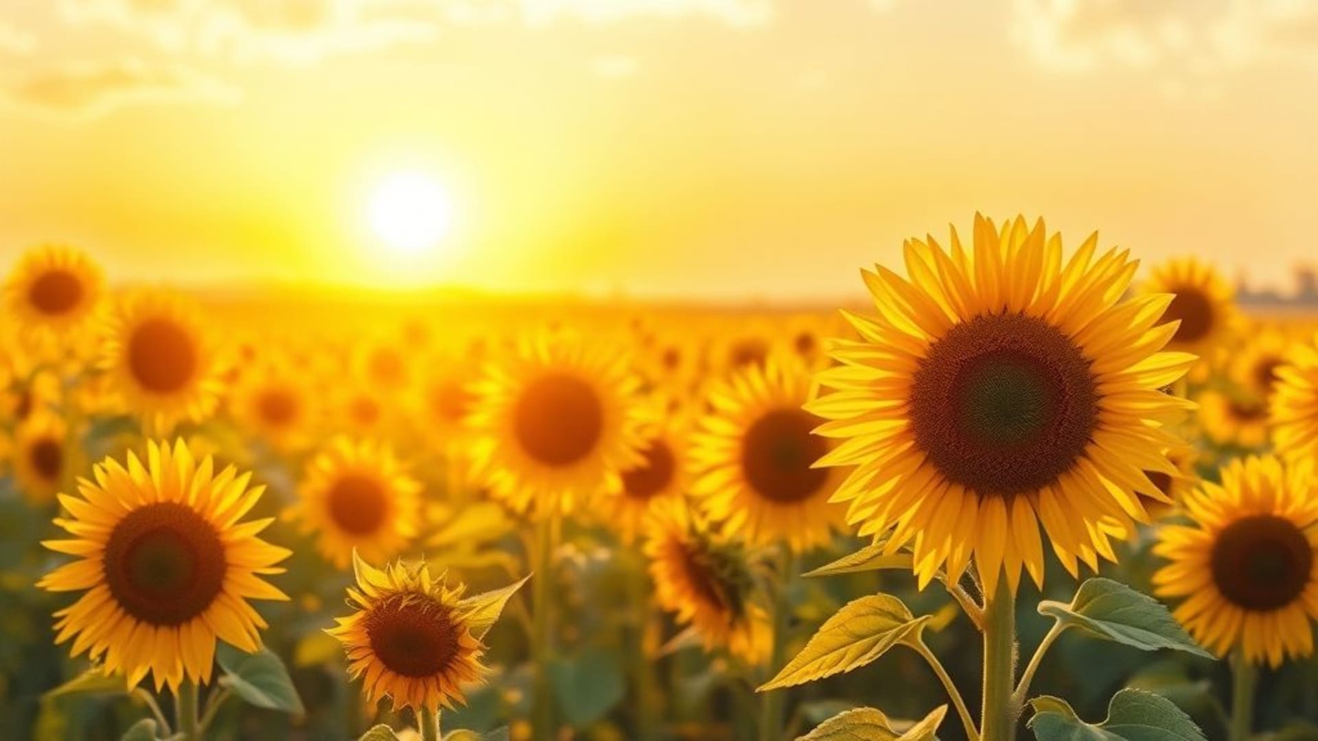 champ de tournesols brillante heure dorée lumière chaude style réaliste peint à la main fond ecran