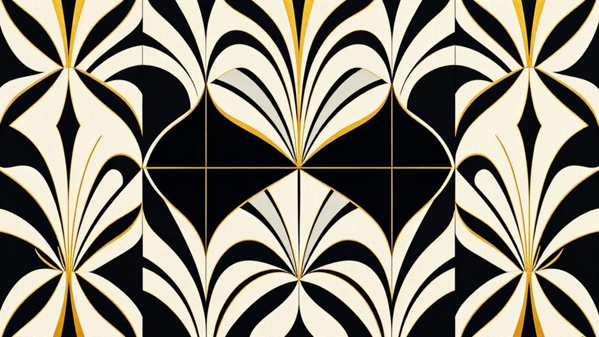 Motif géométrique art déco luxe en or noir et blanc fond ecran ambiance velours