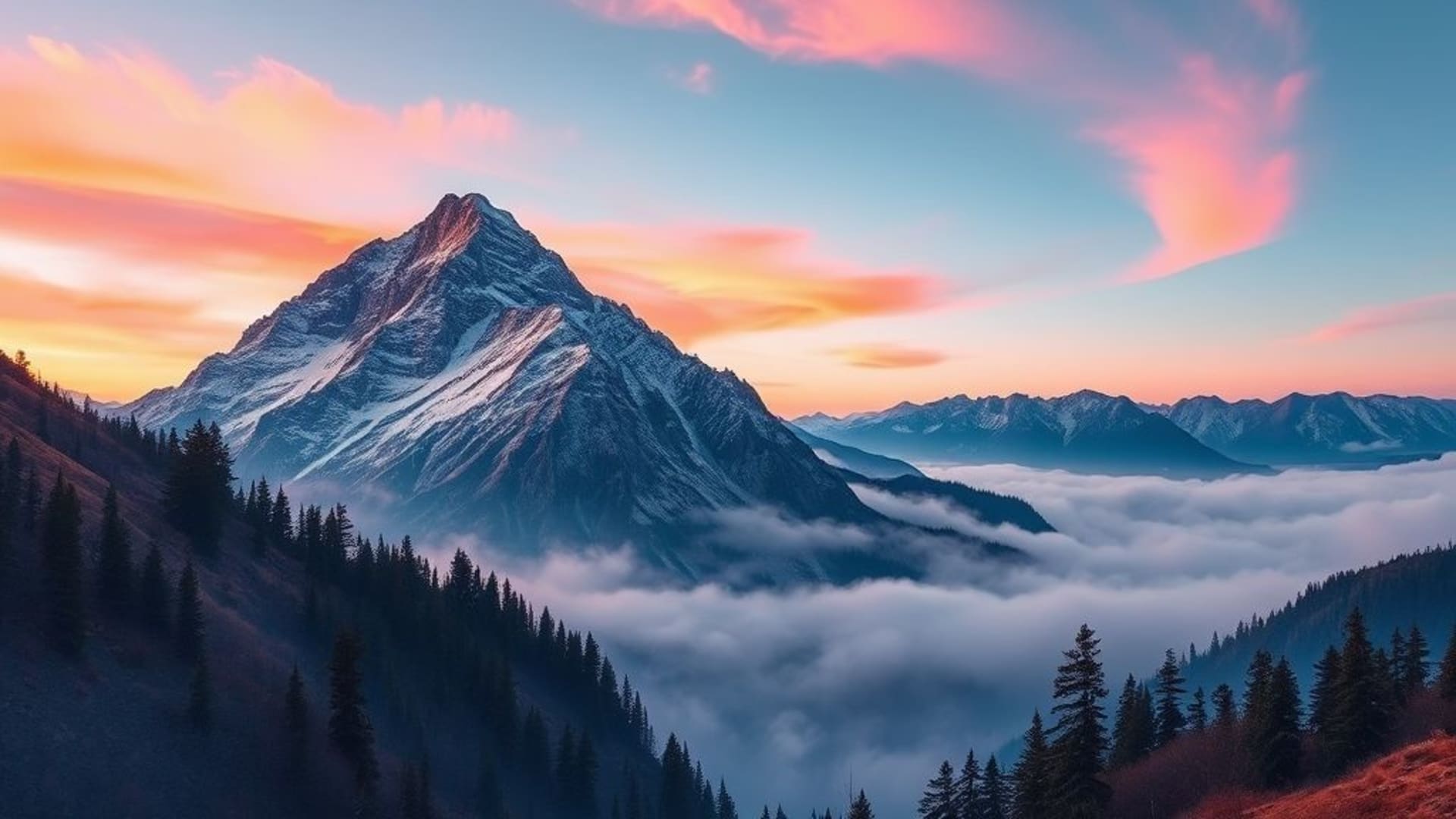 peinture à l'aquarelle de montagne crépuscule vallée brume rose orange aurore ciel paysage pastel fond d'écran