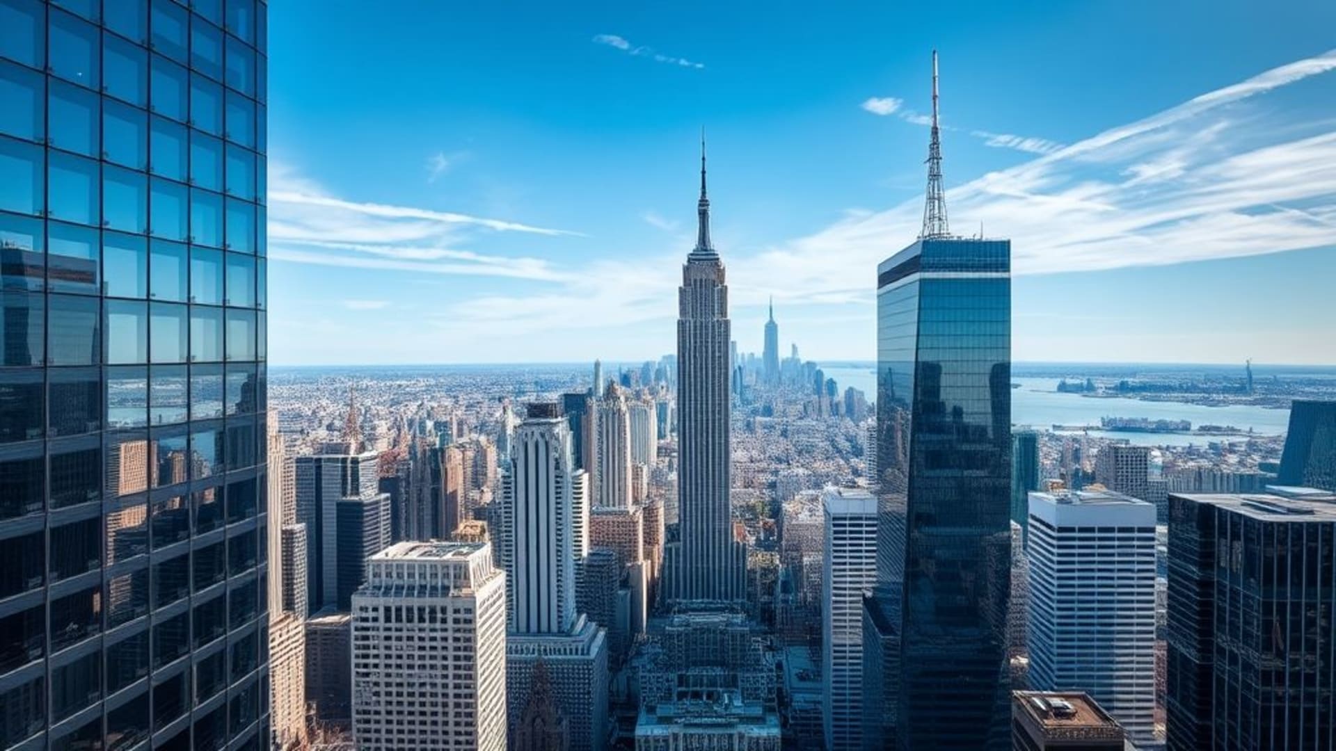 cliché urbain en journée vue aérienne gratte-ciel reflets en verre ciel bleu fond d'écran