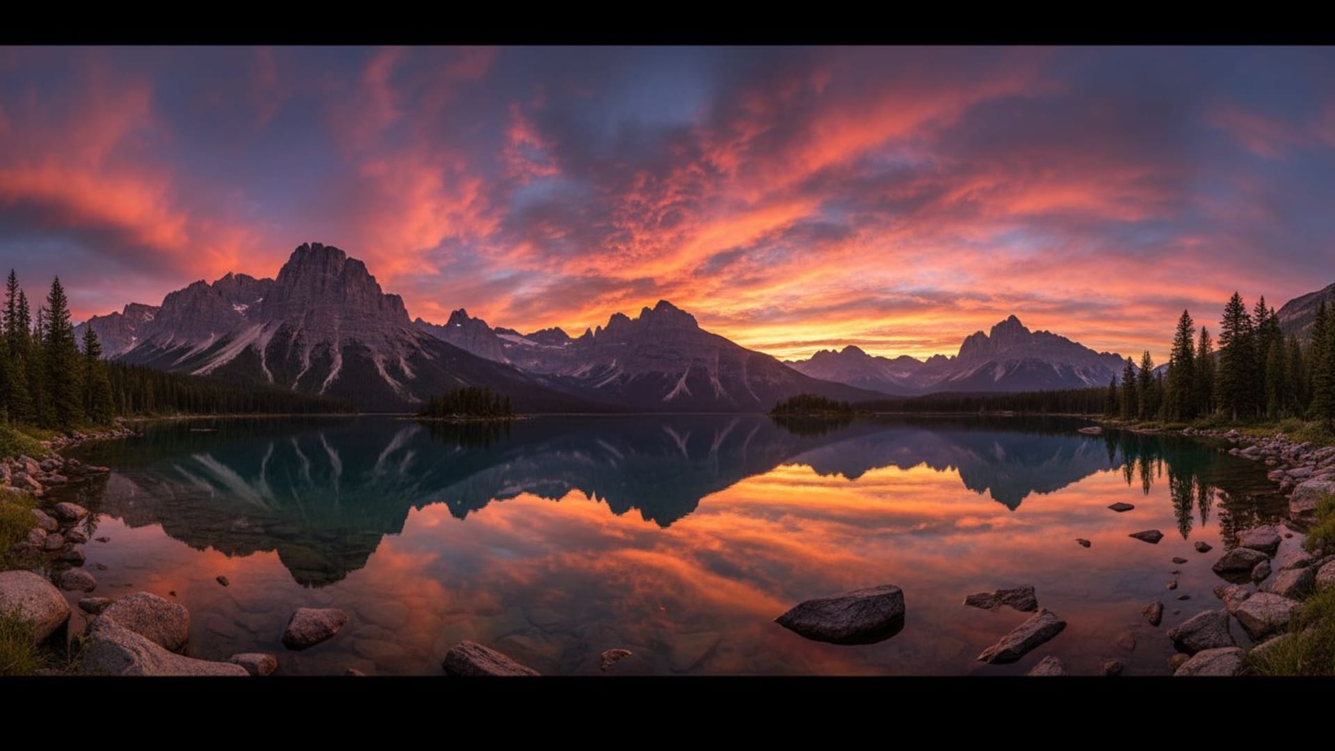 reflet sur le lac de montagne, ciel dramatique, éclairage dramatique, fond d'écran et coucher de soleil calme