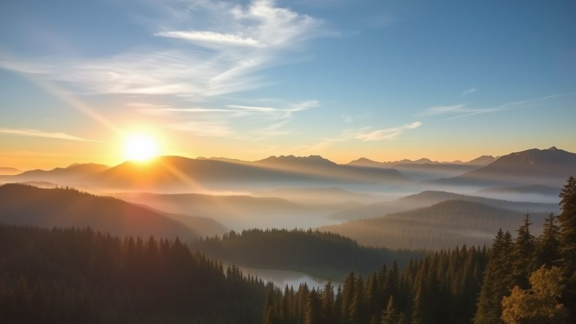 montagnes lever du soleil forêt lac brume heure dorée tranquille nature texture HDR panoramique ciel bleu arbres