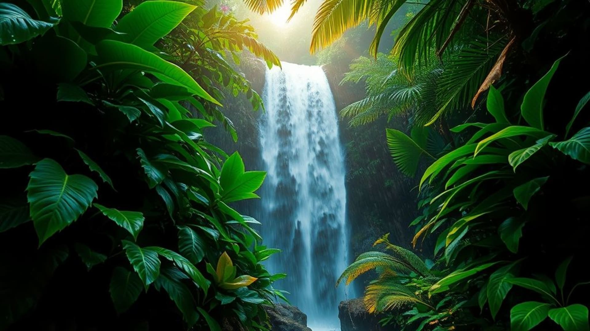 Feuillage de jungle tropicale cascade feuilles émeraude lumière du soleil gouttes de pluie couleurs vives HDR vibrantes