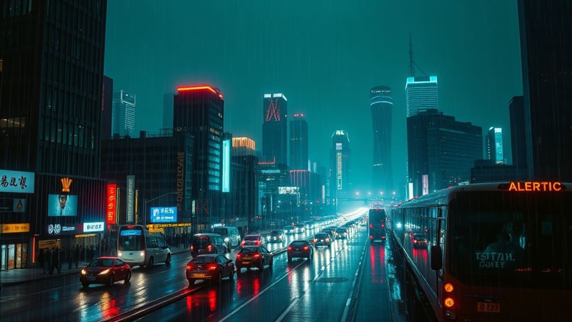 ville cyberpunk nuit néon pluie reflets horizon futuriste trafic dense ambiance sombre
