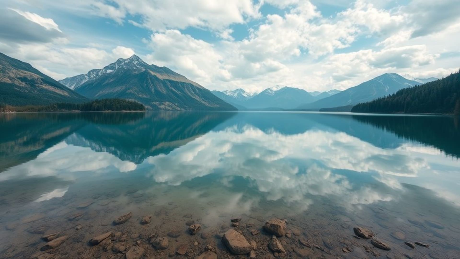 Reflet de lac de montagne paysage serein panorama grand angle haute résolution