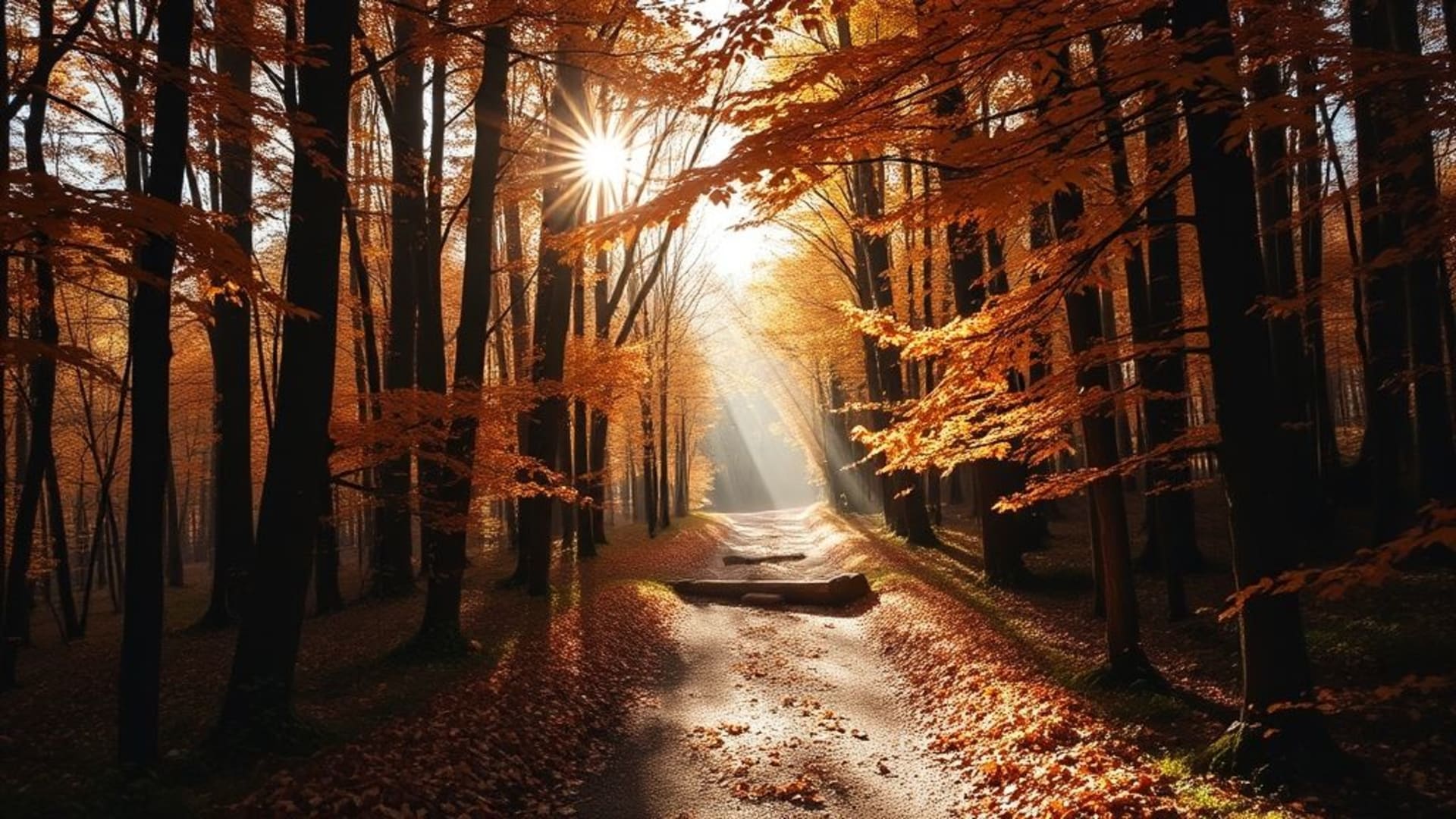 Sentier forestier automnal feuilles lumière tamisées chemin chaleureux confortable naturel