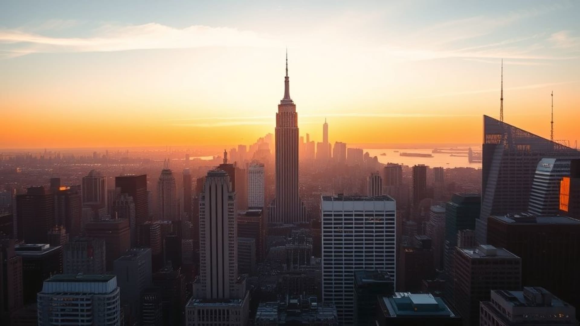 Lever de soleil dans la ville, horizon urbain, matinée, lumière, grands immeubles, silhouettes, heure dorée