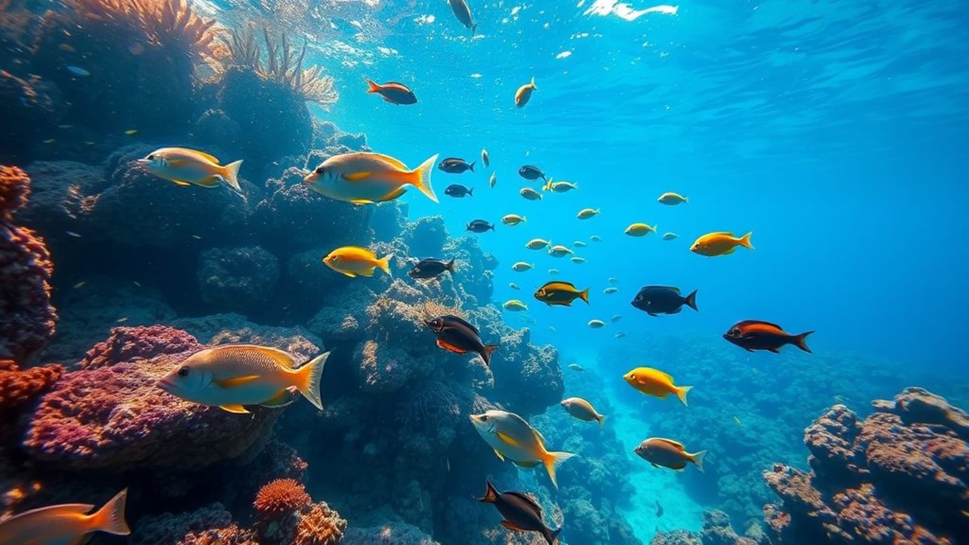 Récif corallien sous-marin poissons tropicaux poisson-perroquet poisson-ange couleurs vives scène tranquille