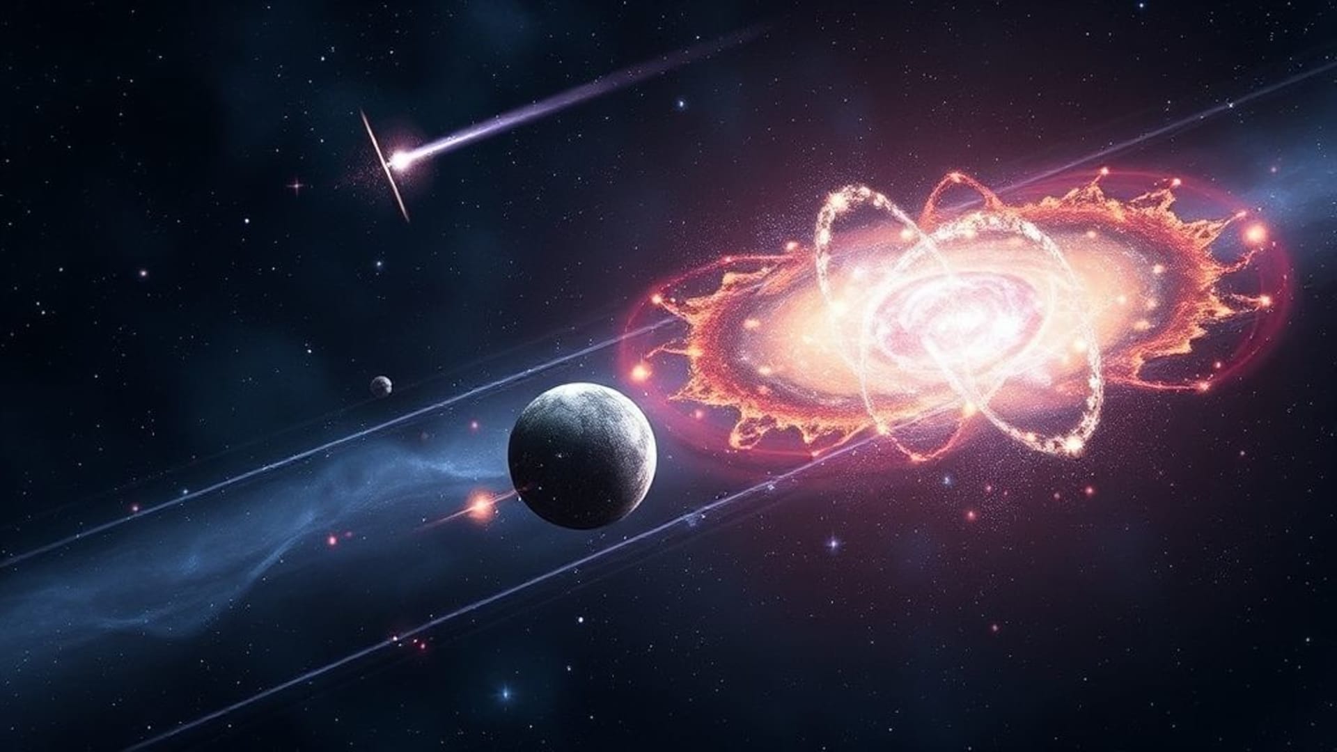 Un espace de particules lumineuses d'étoiles, pulsatiles, dans un centre de nébuleuses galaxie futuriste sombre.