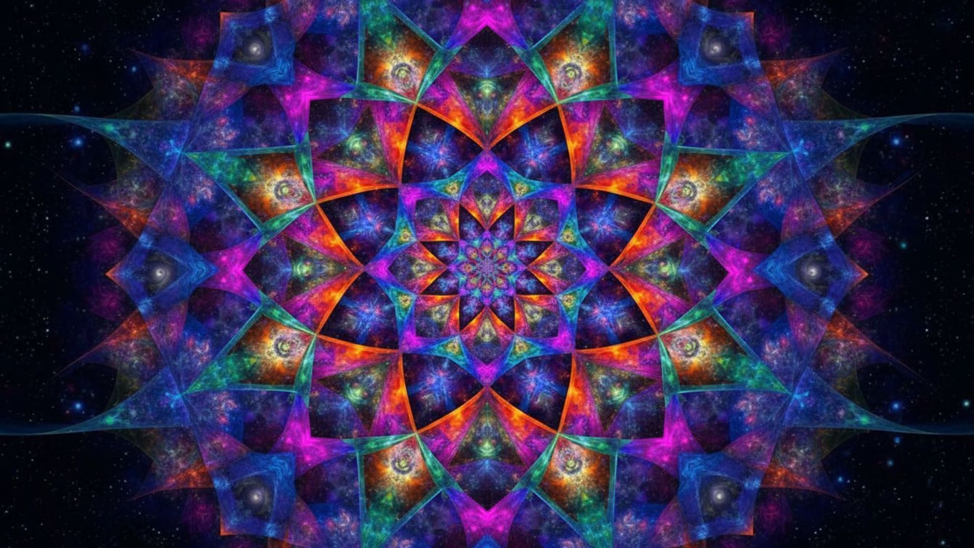 Un mandala cosmique fractal, à symétrie géométrique kaleidoscopique, fond ecran aux couleurs vibrantes et audacieuses.