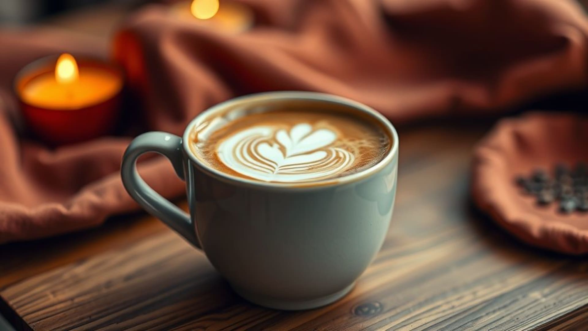 Prise de vue en gros plan d'une tasse de café avec art latte, ambiance chaleureuse et cocooning, fond d'écran esthétique
