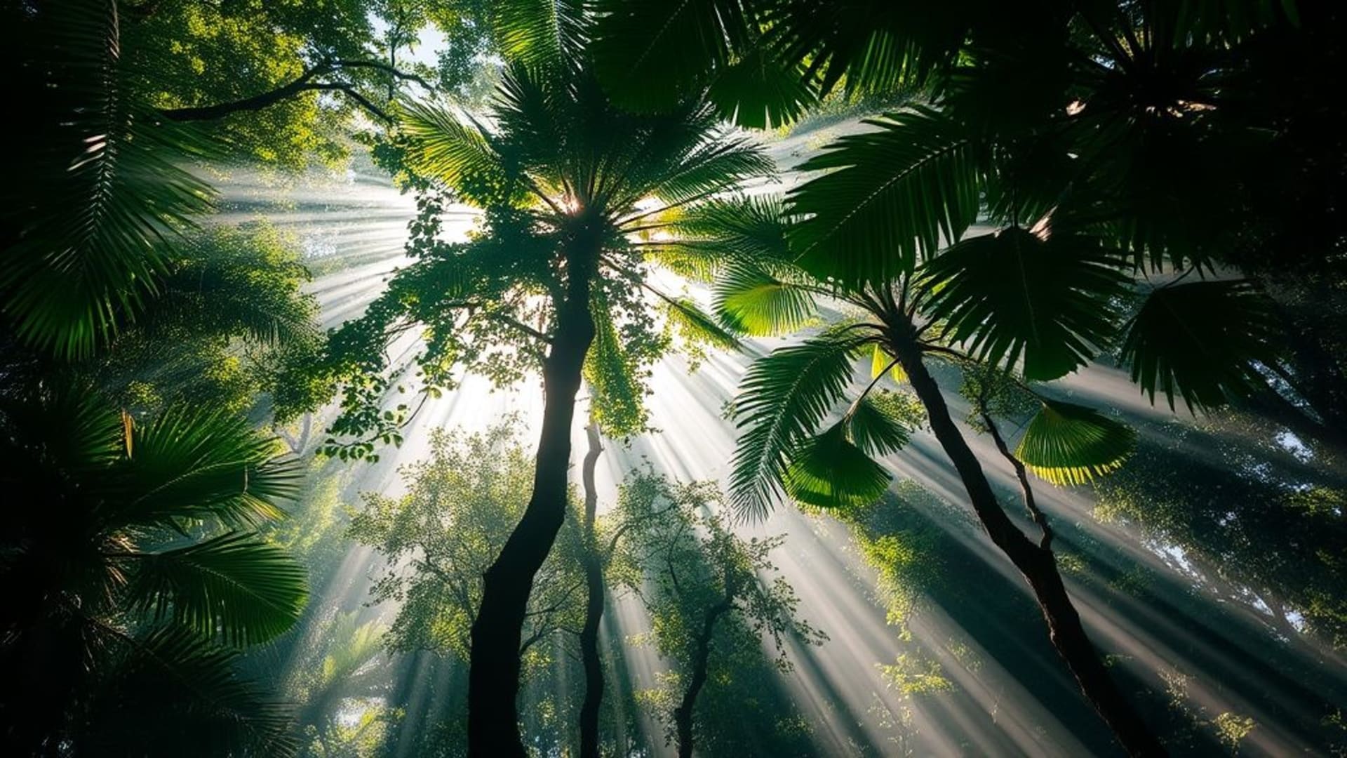 Les rayons de soleil traversant la canopée de la forêt tropicale perçant la lumière de la jungle, des faisceaux dramatiques de vert luxuriant