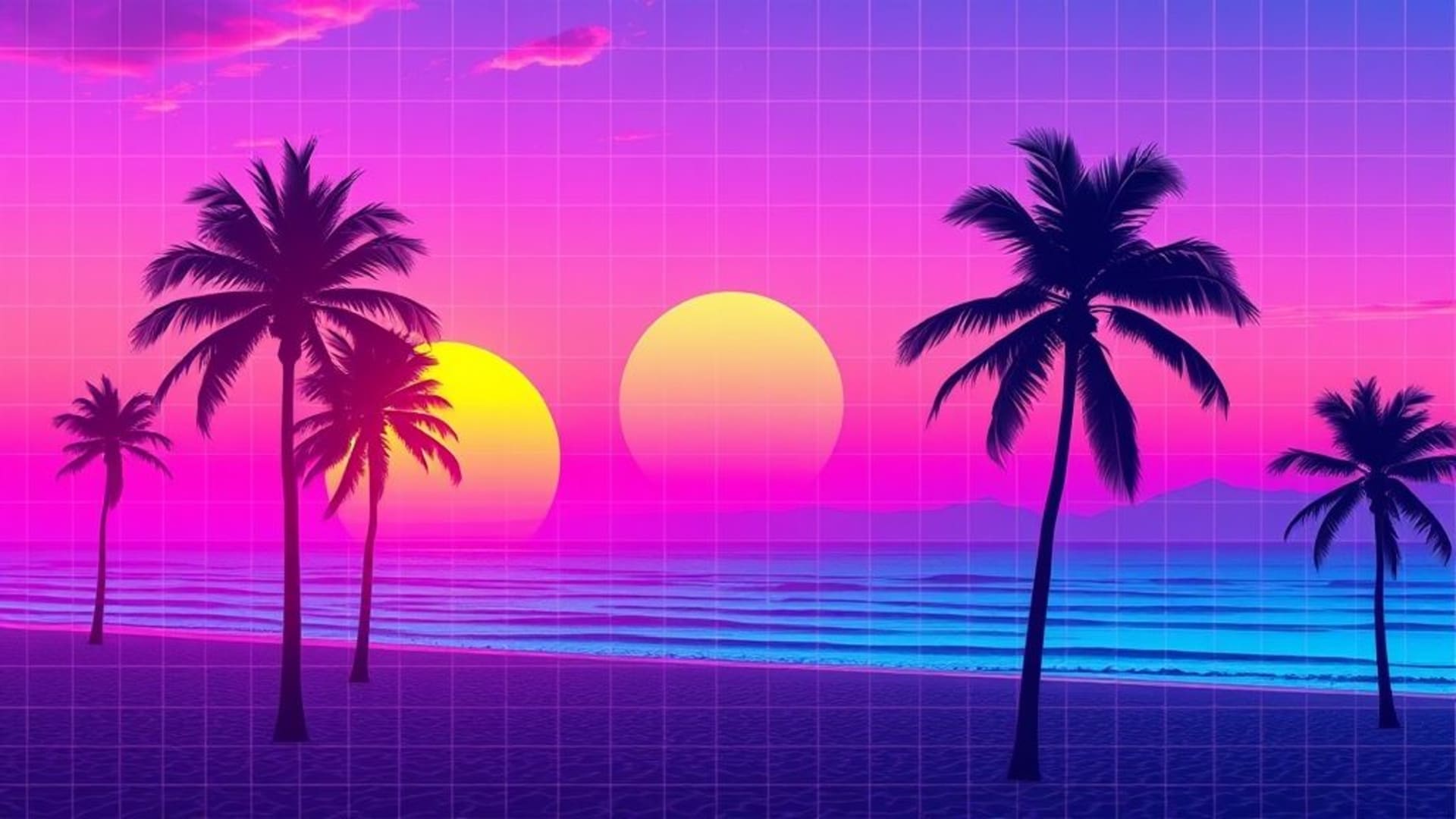 grille néon rétro des années 80 vaporwave coucher de soleil palmiers sur la plage