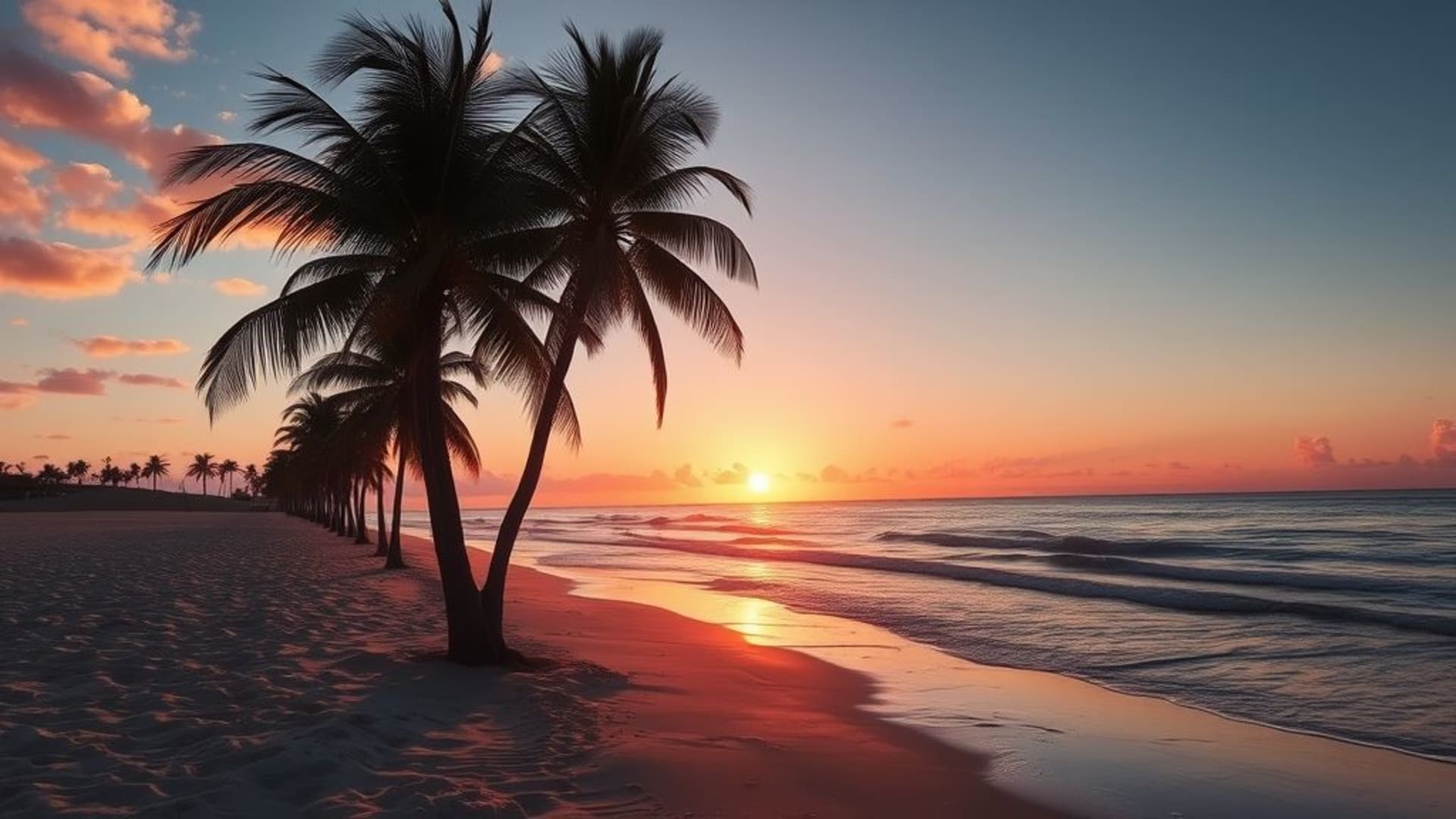 Plage d'été coucher du soleil rivage vagues palmiers heure dorée calme