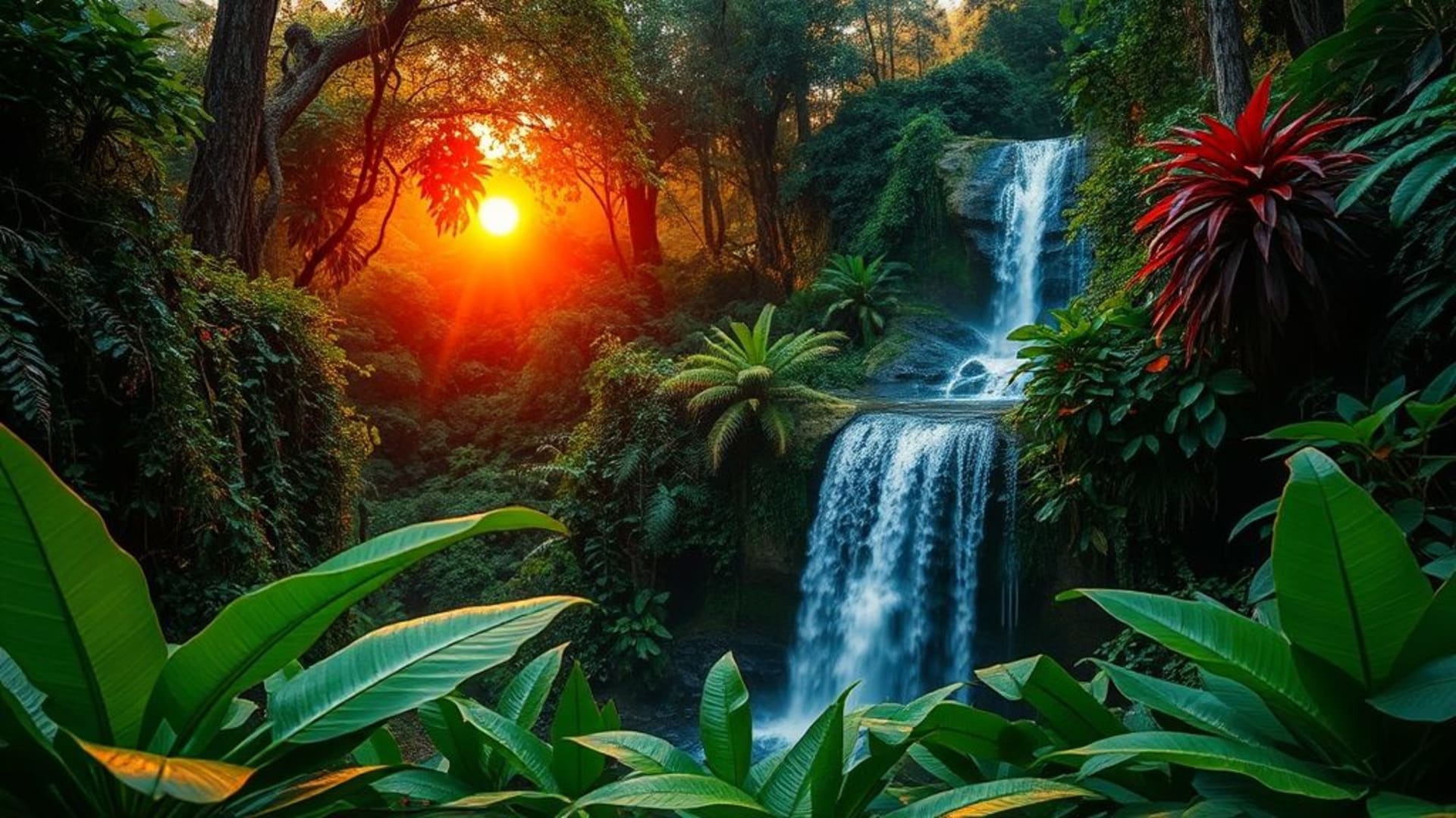 cascade de la forêt tropicale luxuriante au lever du soleil, feuilles tropicales, rosée, vif, fond ecran, texture