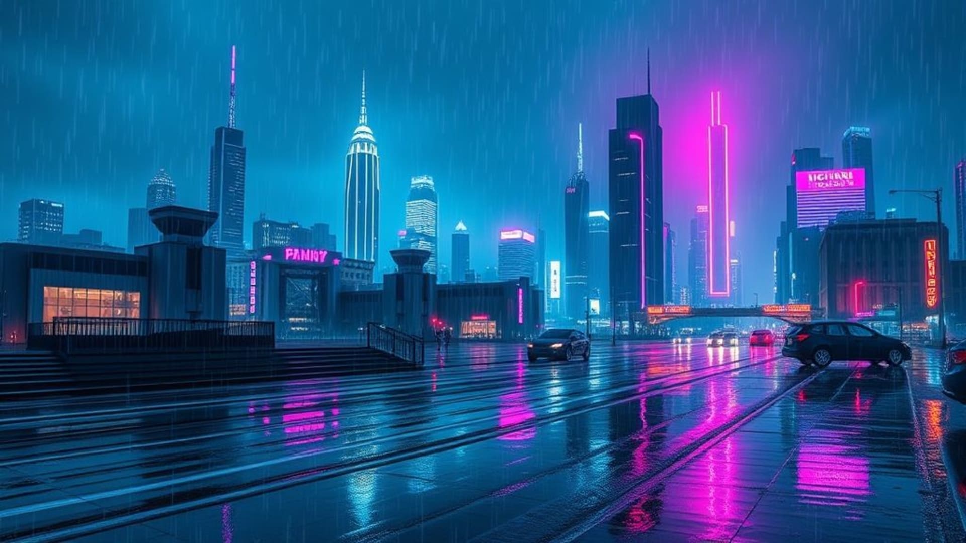 Paysage urbain cyberpunk néon pluvieux reflets horizon futuriste toile de fond synthwave