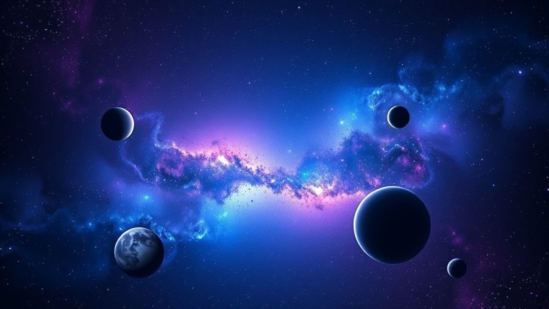 Espace cosmique nébuleuses planètes galaxies bleu profond violet étoiles fond d'écran