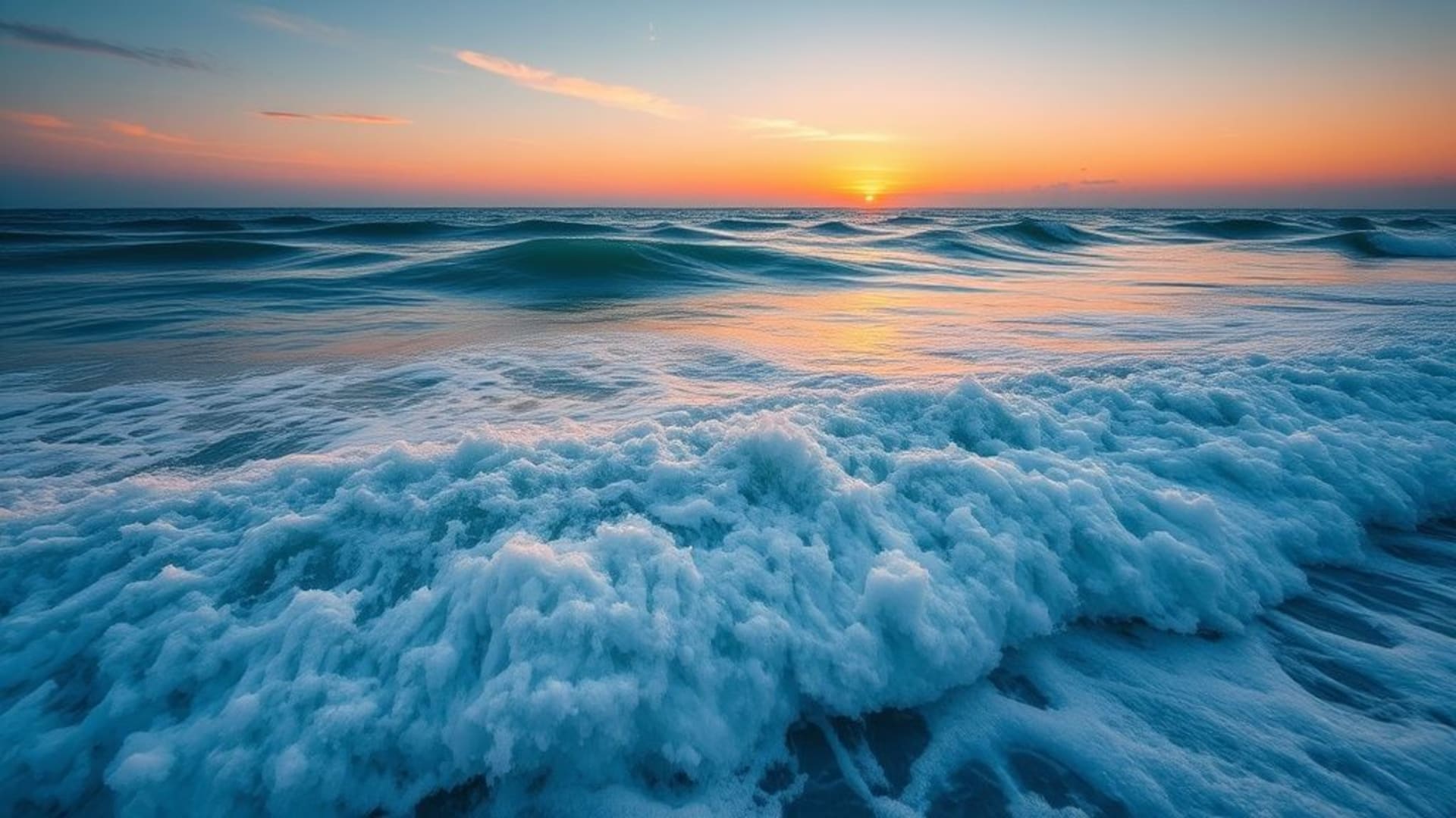 vague d'océan mousse côte mer brise bleue turquoise coucher de soleil fond ecran