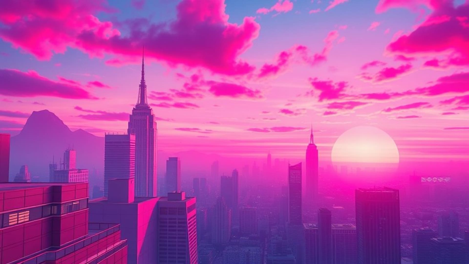 vaporwave rétro futurisme pastel néon grille coucher de soleil paysage urbain fond d'écran esthétique