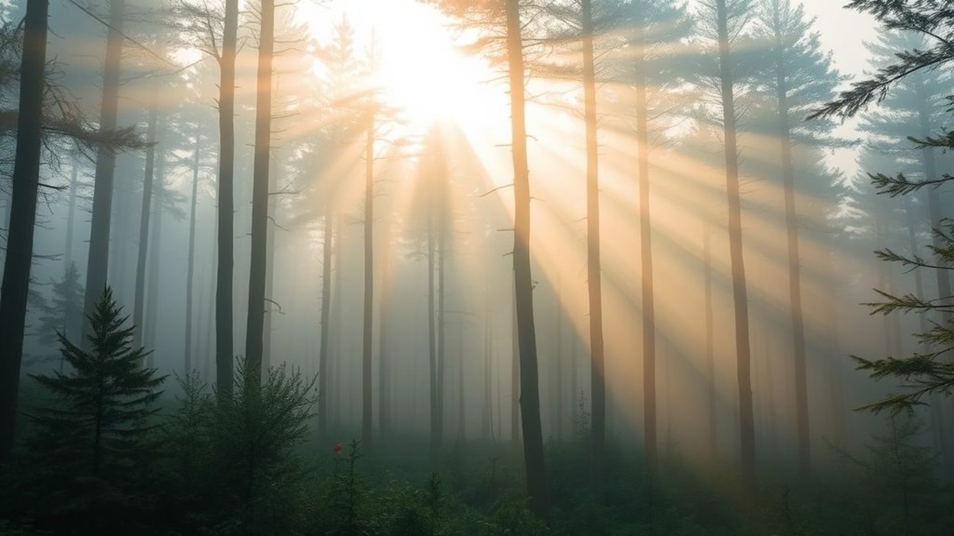 Brume de forêt rayons de soleil à travers les pins forêt tranquille fond ecran nature