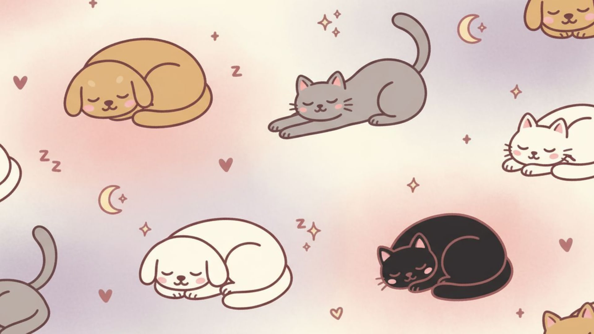 animaux de compagnie mignons, chien, chat, chat, illustration minimaliste, fond d'écran, chaleureux, douillet, pastel doux