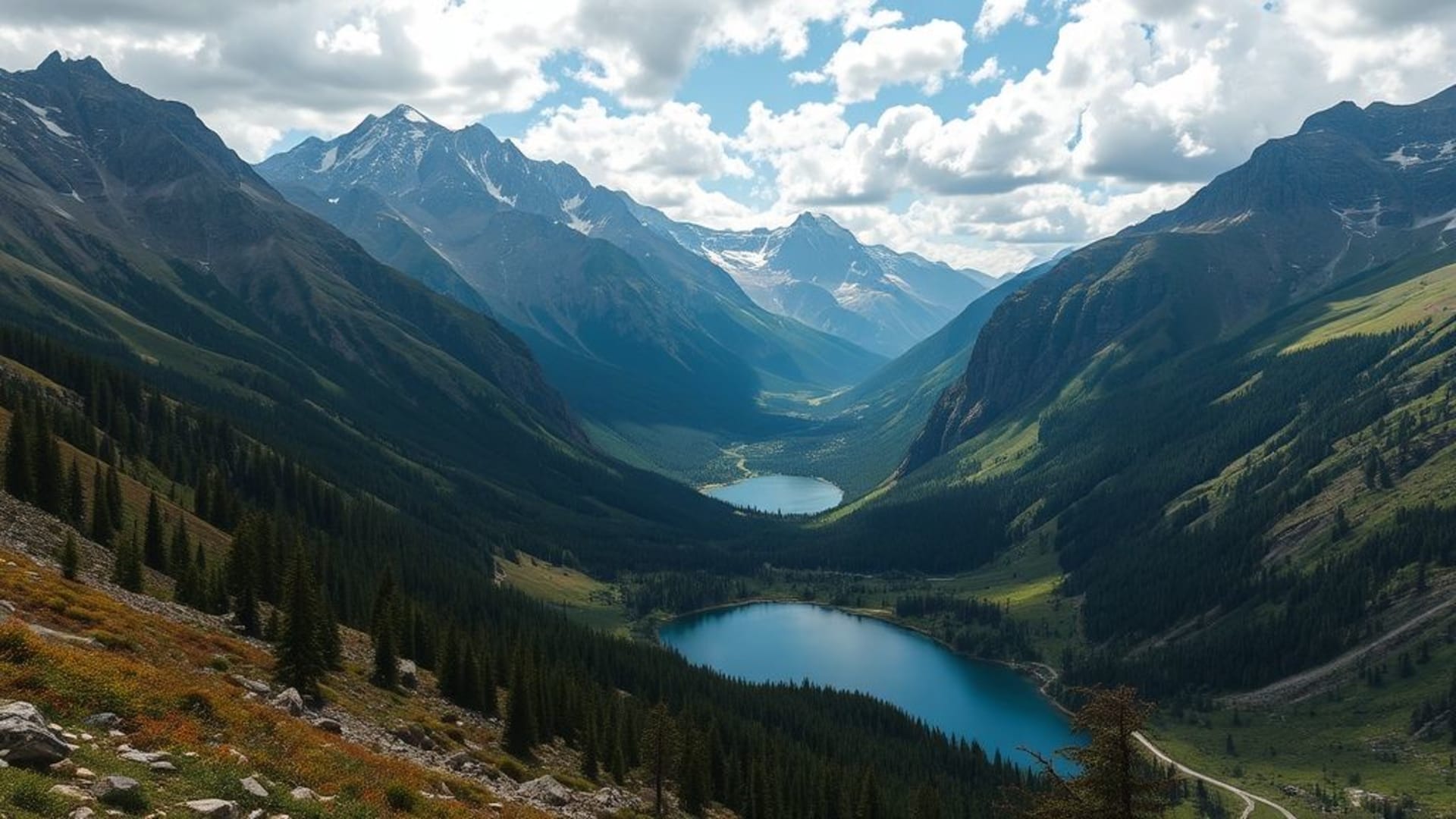 paysage de montagnes pics alpins vallée lac serein fond ecran photographie de nature