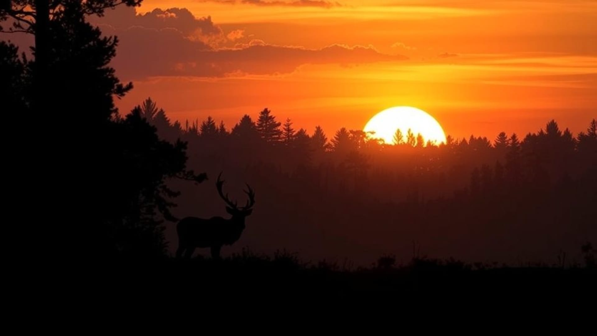 Silhouettes d'animaux sauvages de la forêt au coucher du soleil scène de la nature fond d'écran dramatique