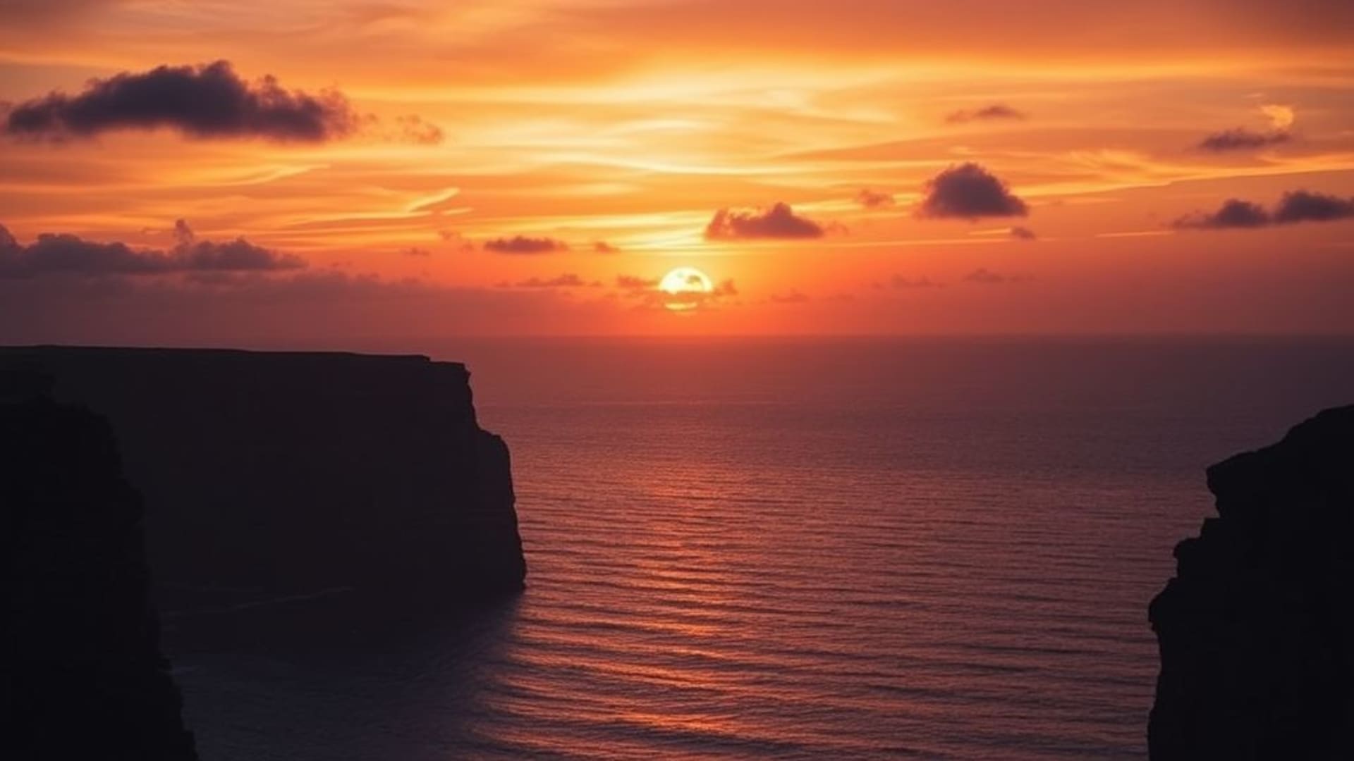 coucher de soleil cinématographique falaises de mer nuages dramatiques orange violet fond ecran horizon