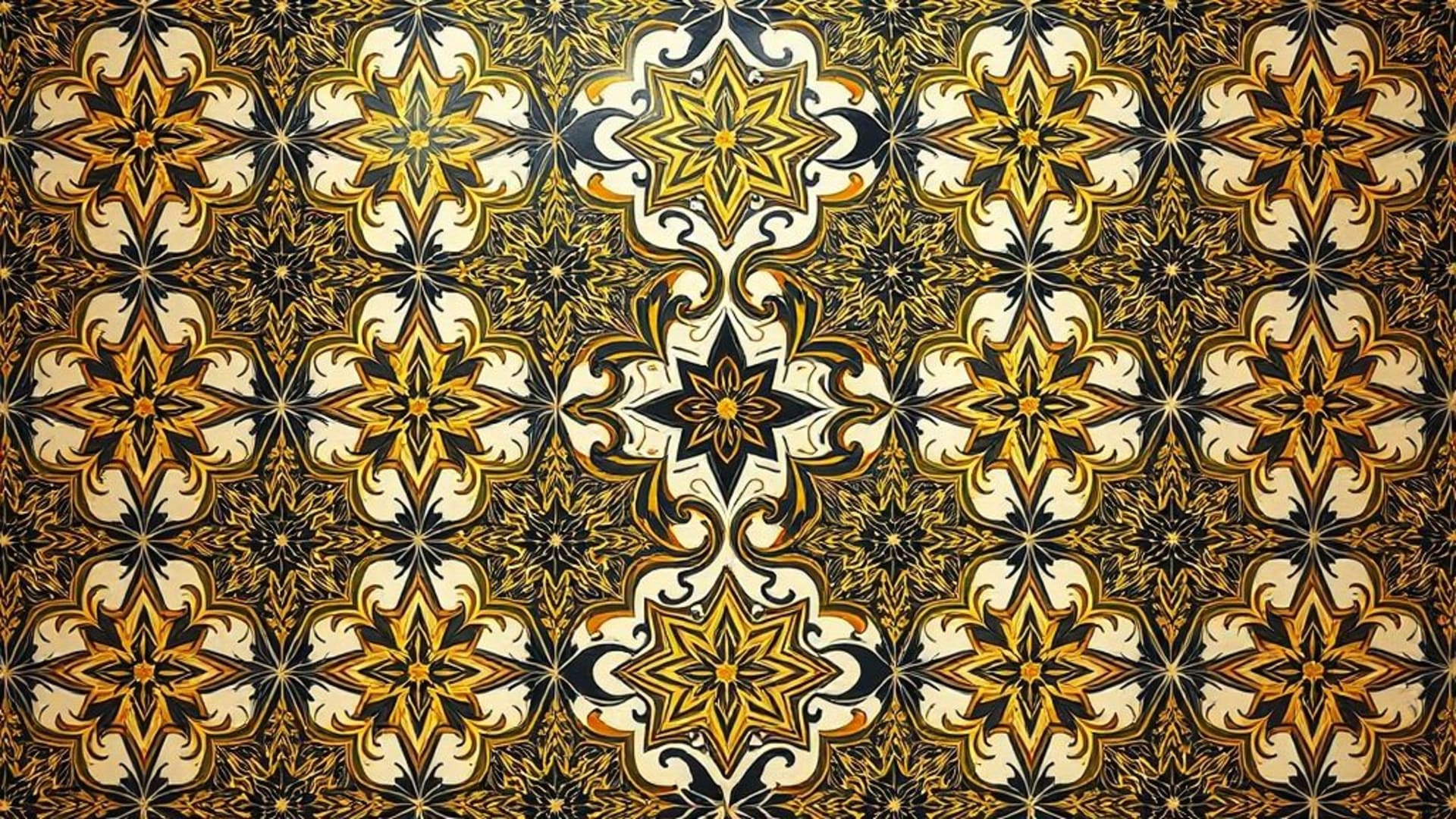 motifs arabesques complexes carrelages géométriques fond ecran doré noir orné