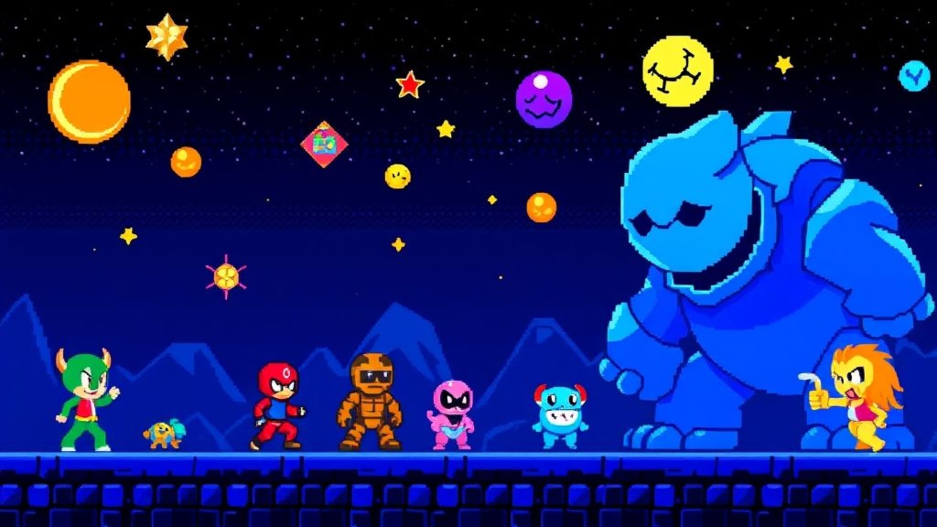 Personnages de jeux vidéo en pixel art rétro 8 bits avec des couleurs vives en fond d'écran
