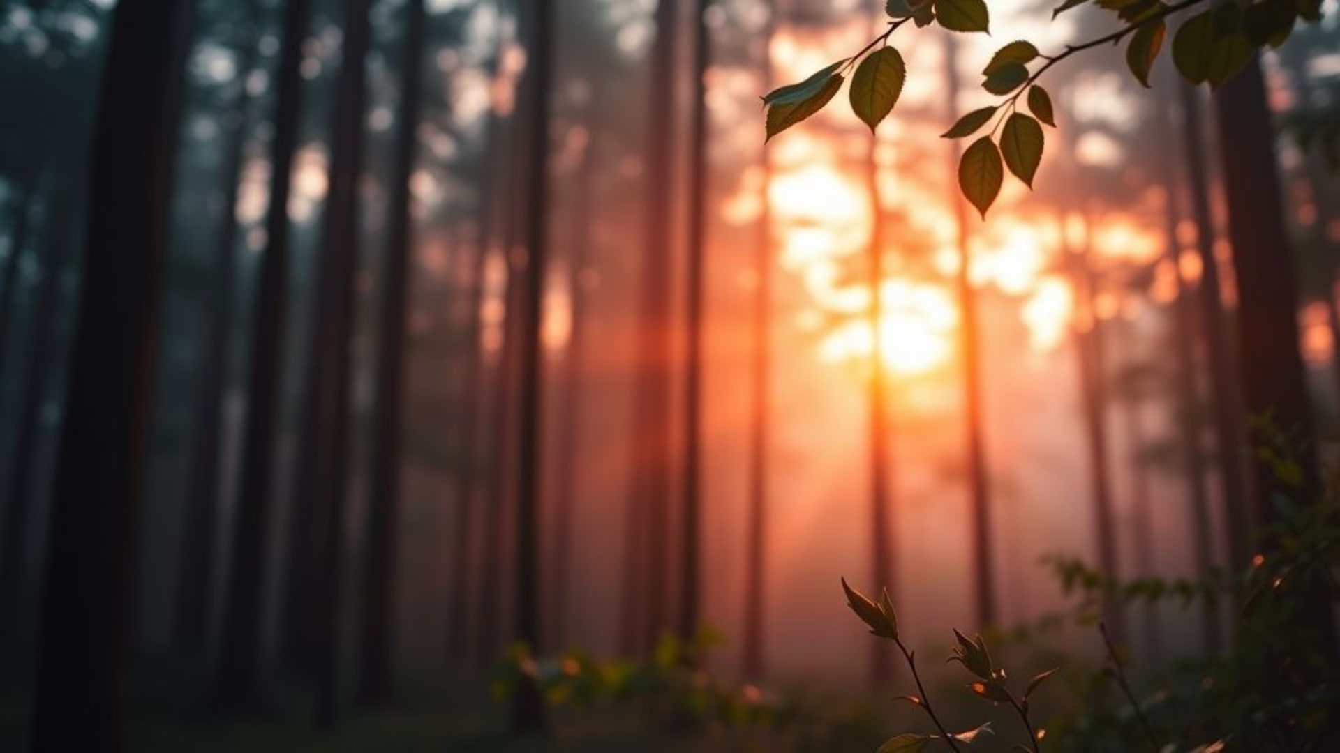 Fond d'écran de bureau 4k nature forêt lever de soleil couleurs vibrantes bokeh matin brumeux arbres hauts paysage serein macro feuilles