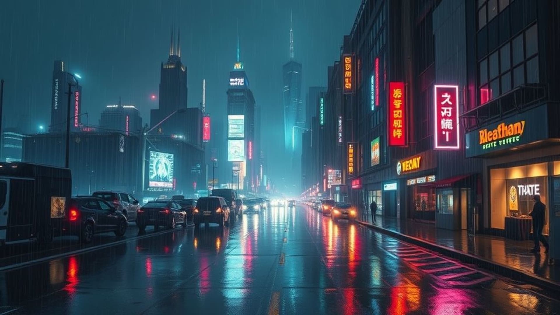 ville cyberpunk nuit néon pluie reflets skyline futuriste holographique rues trempées par la pluie couleurs mélancoliques