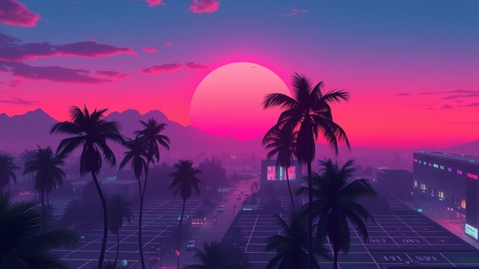 vaporwave rétro néon grille coucher de soleil palmiers esthétique synthwave années 80 paysage de rêve