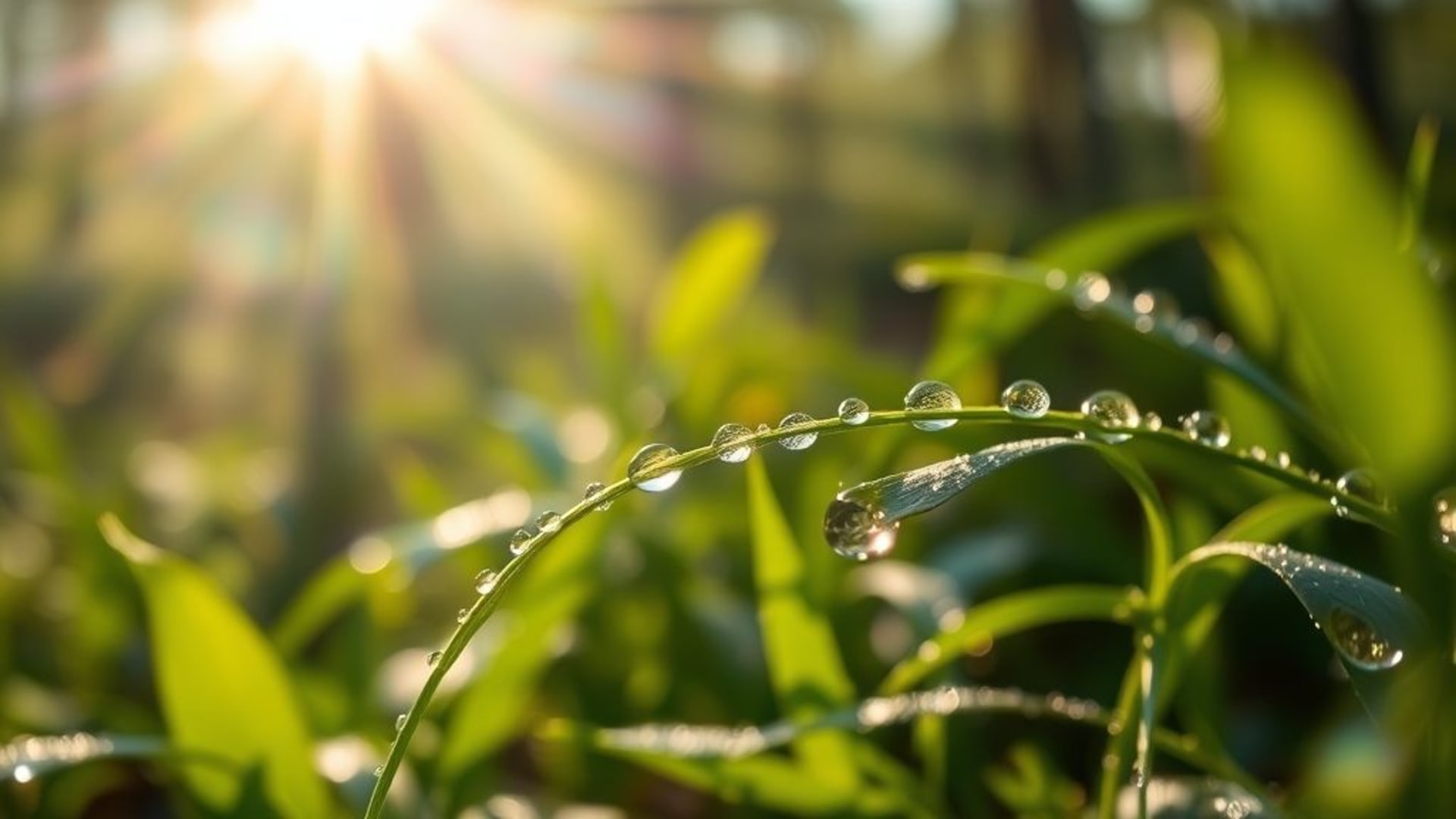 très proche macro forêt feuilles rosée gouttelettes rayons de soleil reflet de lentille nature fond d'écran 16k ultra hd