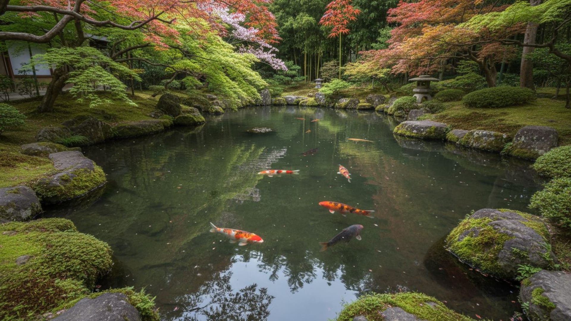 Jardin japonais avec un étang à koï, de la mousse et des roches, de l’eau et des reflets sereins sur un fond ecran.